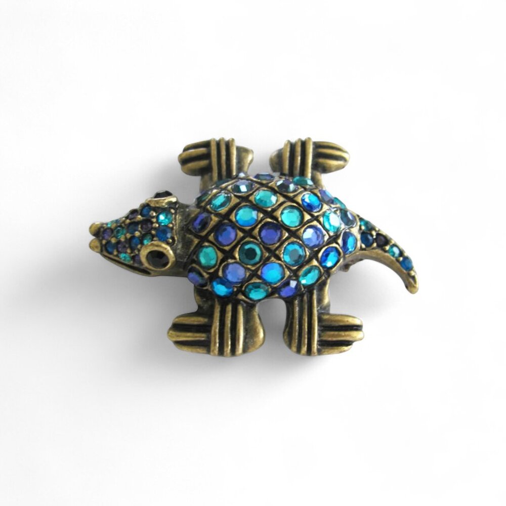 CHICO'S Lizard Reptile Brass and Rhinestone Brooch Tribal Unsigned Attribute